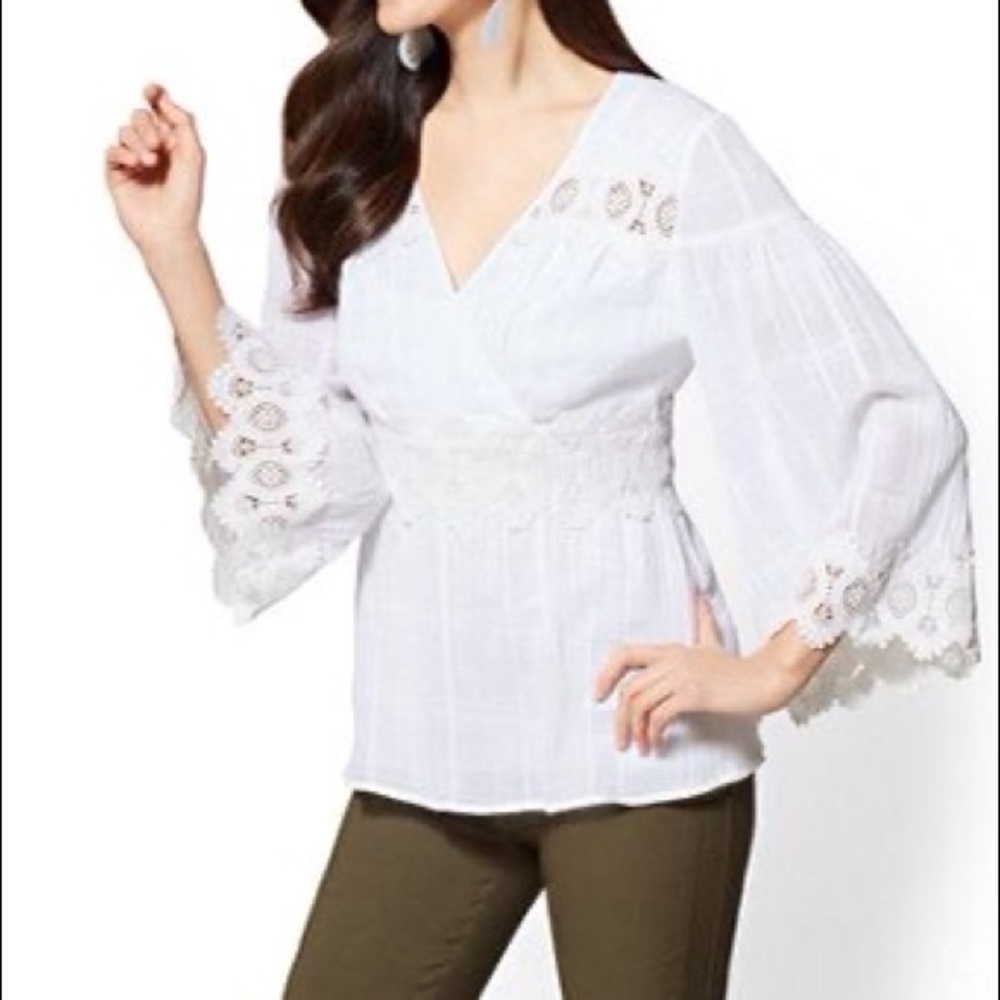 NY&CO New York & Co Lace Bell-Sleeve Peplum Top S